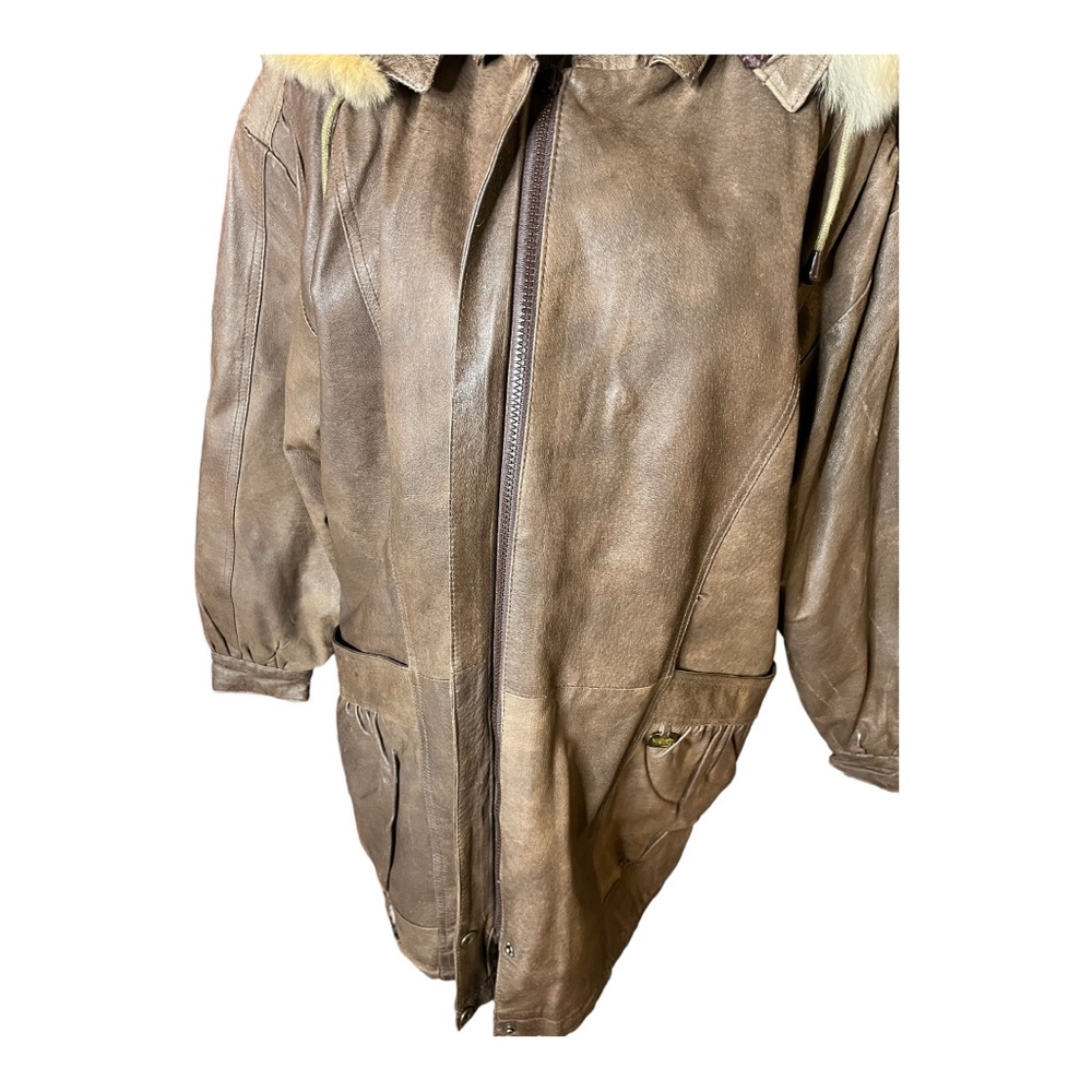 Wild Cats Pelsnoer Denmark Women Brown Leather Plaid Lining Hooded Jacket Coat L - Picture 13 of 16